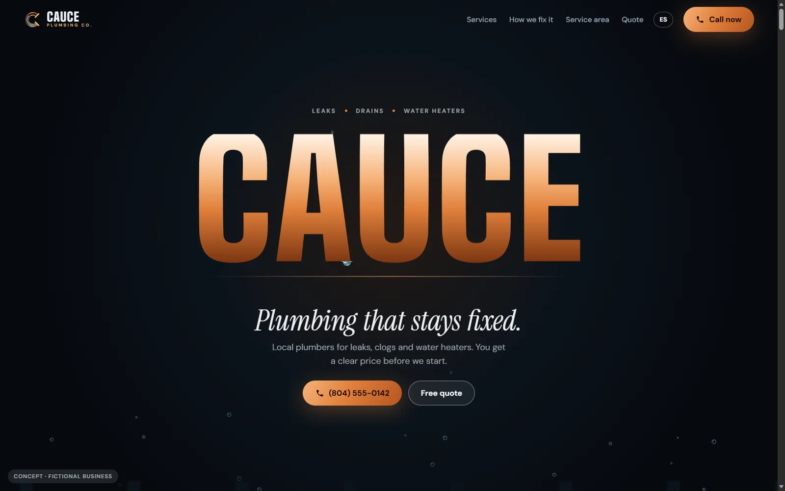 Cauce Plumbing website on a laptop: the word CAUCE in copper letters over a dark background
