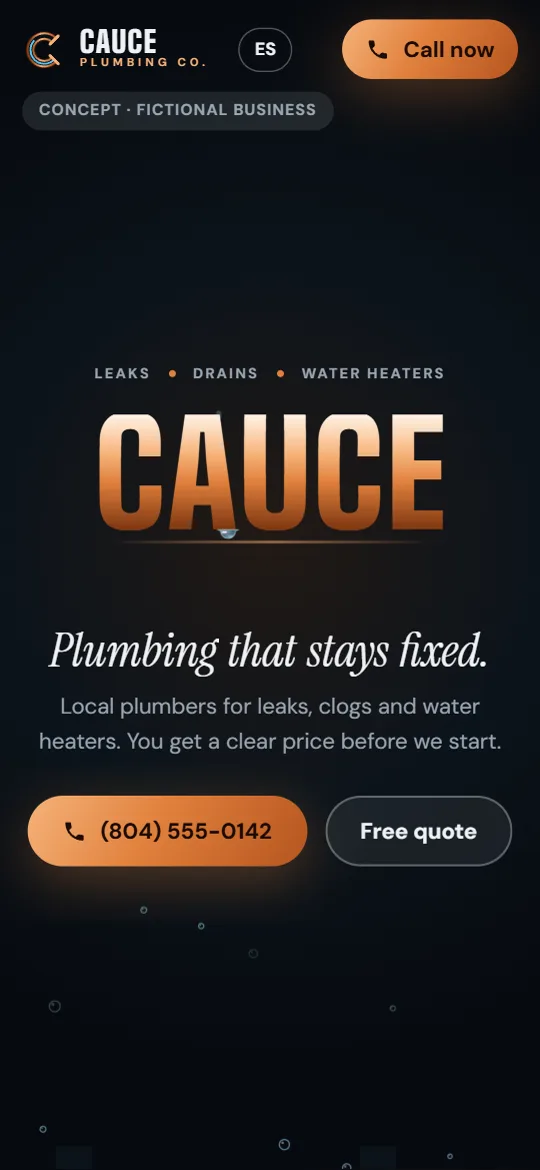 Cauce Plumbing website on a phone with a big call button